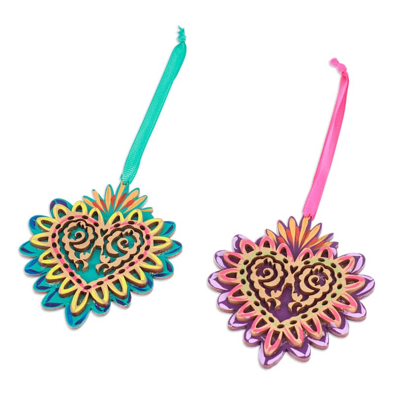 Novica Handmade Shimmering Heart Wood Ornaments (Pair)