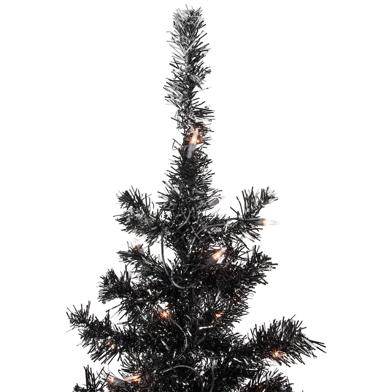 6' Pre-Lit Black Artificial Tinsel Christmas Tree, Clear Lights - 6 Foot