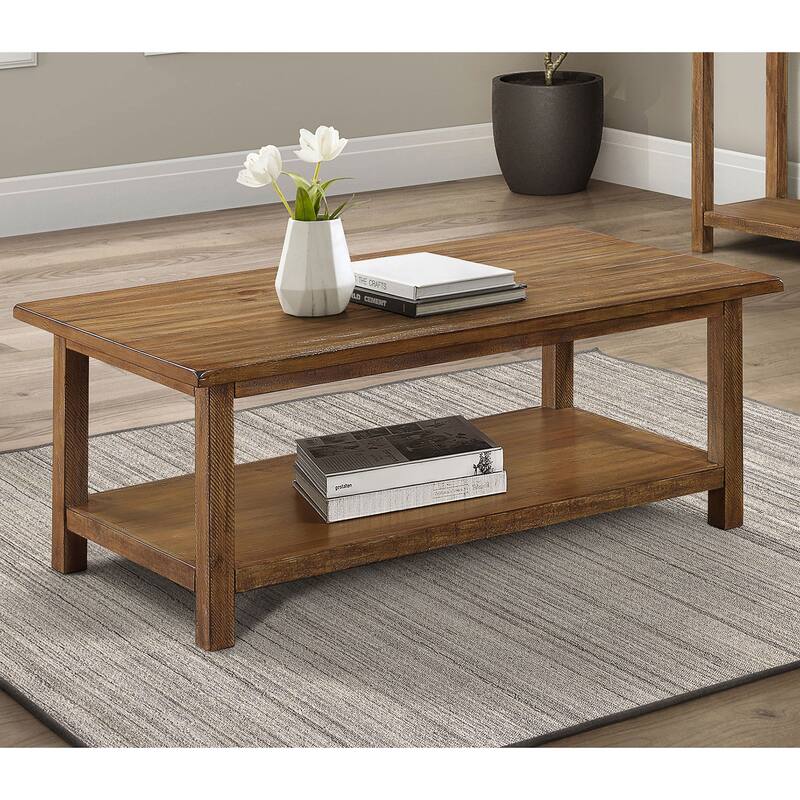 Distressed Wood Coffee Table with Lower Shelf Rustic Farmhouse Design - Distressed Brown