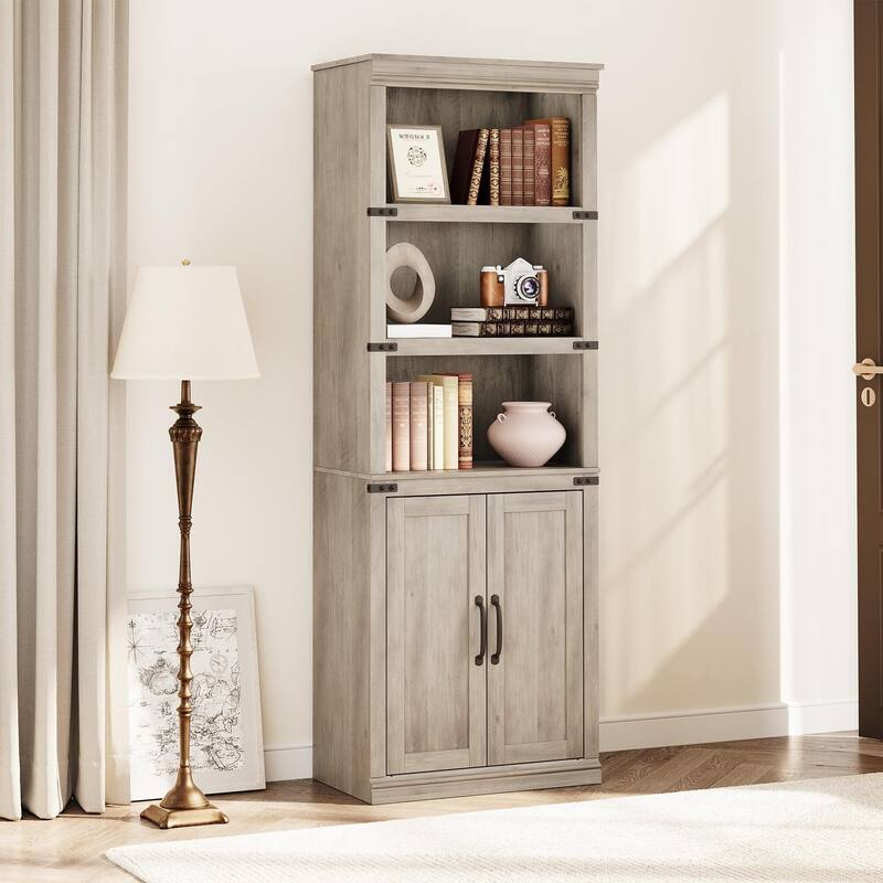 Book Shelf with Door, 5 Tier Wooden Book Case with Storage, 68.7"