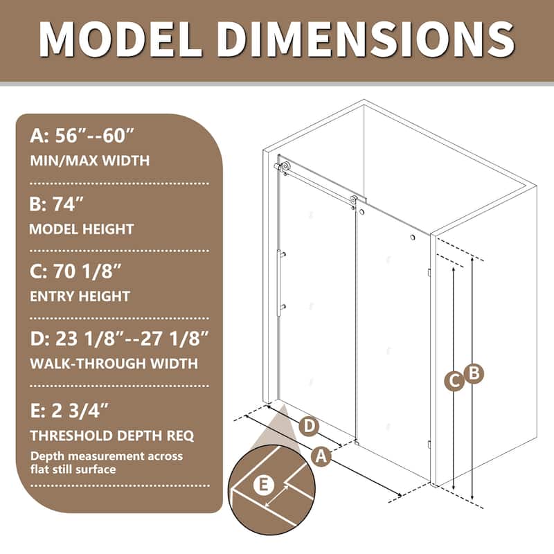 60 in. W x 74 in. H Single Sliding Frameless Shower Door in Matte Black Finish with Clear Tempered Glass - 60" x 74"