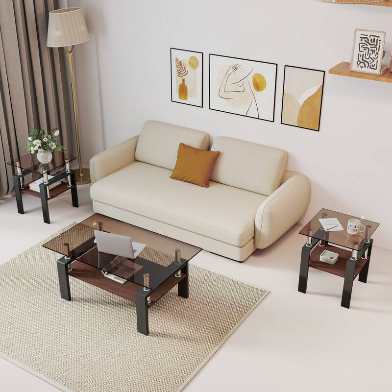 Set of 2, Modern Tempered Glass Tea Table, Tempered Glass Tabletop with MDF Layer, Coffee Table, Square Table