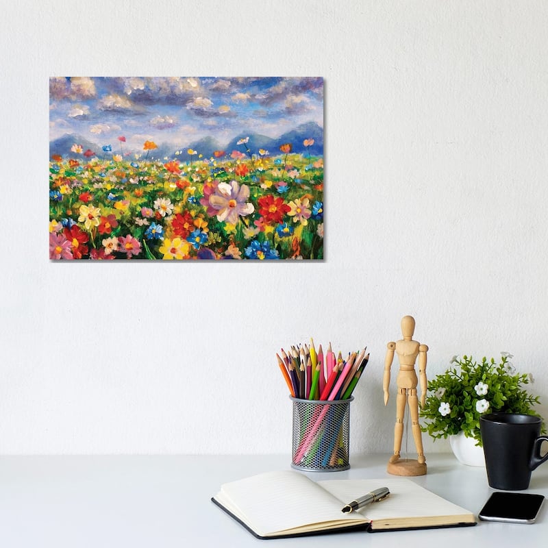 iCanvas "Flower Field In The Mountains Oil Painting" by Valery Rybakow Canvas Print - 8x12x0.75