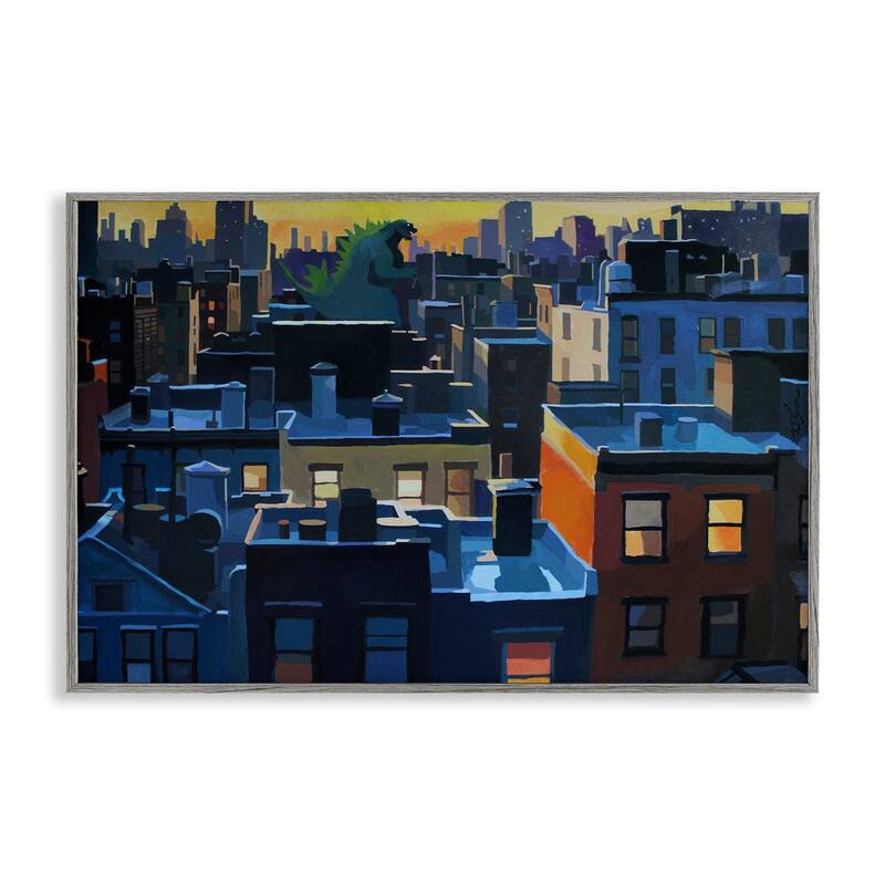 Stupell Cityscape with Distant Monster Framed Giclee Art Design By Keith Thomson - 24 x 16 - Grey