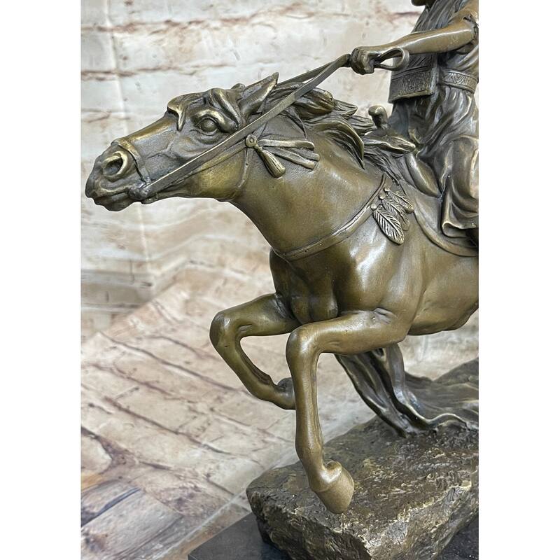 Arabian Arab Warrior On Imitative Horseback Bronze Statue Sculpture Figure On Marble Base
