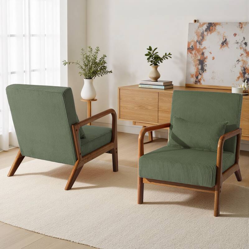 25" W Mid Century Upholstered Wood Accent Chair with Pillow set of 2