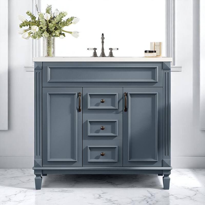 36 Inch Freestanding Bathroom Vanity with Sink, 2 Soft-Close Doors & 2 Drawers, Rectangular Ceramic Basin Included - Blue