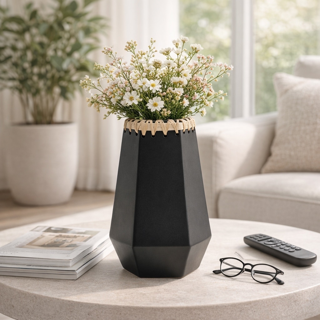 Decorative Vase - Black Ceramic Weaving Detail Design, 11 in