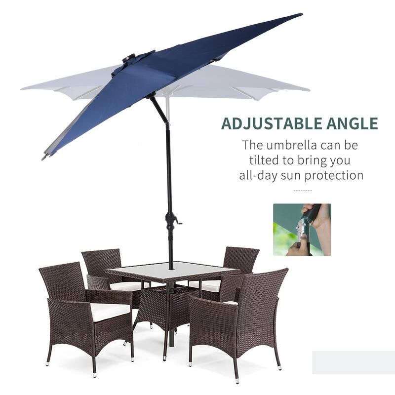Outdoor terrace umbrella with tilting mechanism and LED lighting