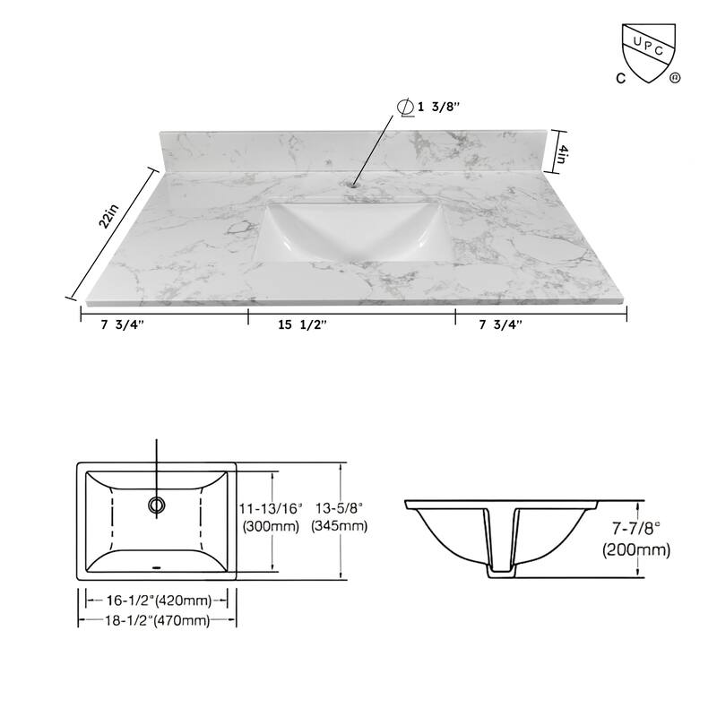 31 inch bathroom engineered stone vanity top,undermount ceramic sink and single faucet hole with backsplash