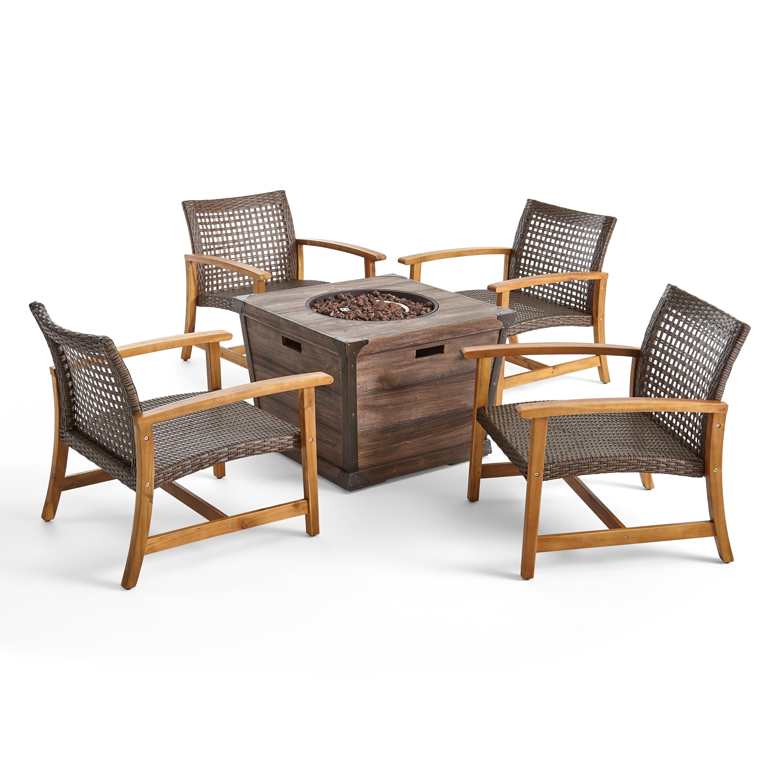Hampton Outdoor Wood and Wicker Club Chair Set with Fire Pit - Picture 9 of 18