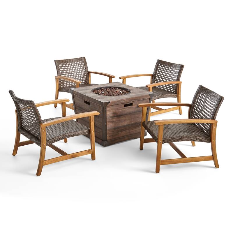Hampton Outdoor Wood and Wicker Club Chair Set with Fire Pit by Christopher Knight Home - Natural + Mixed Mocha + Brown