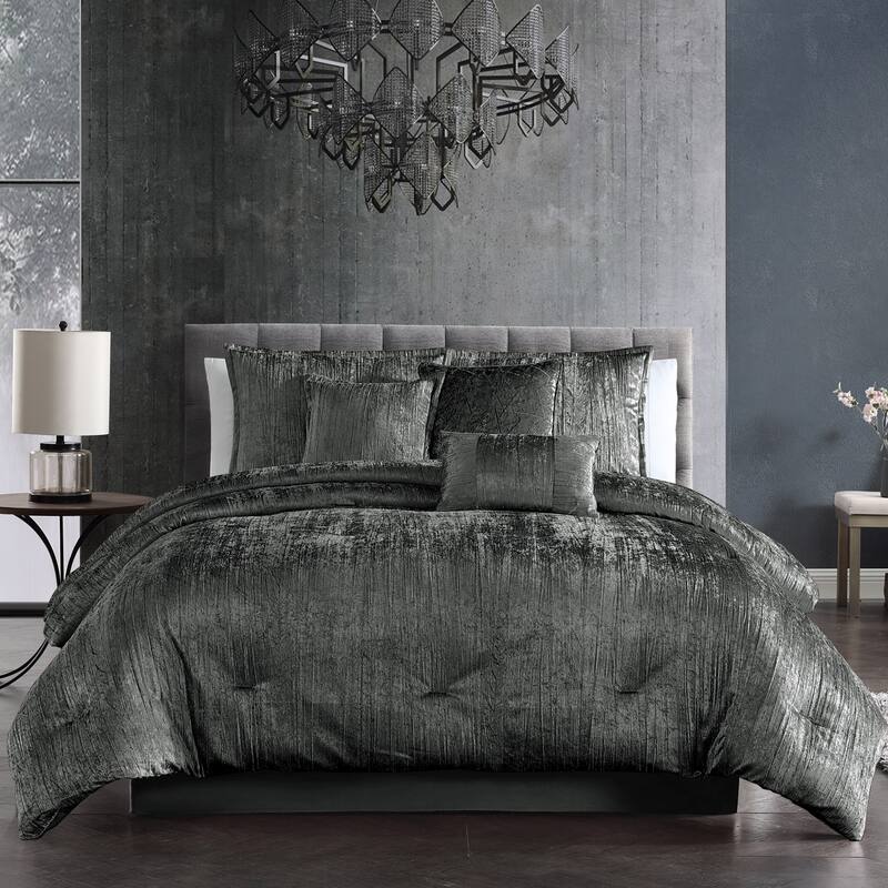 Riverbrook Home Turin Crinkled Velvet Comforter Collection - Charcoal - Queen - 7 Piece