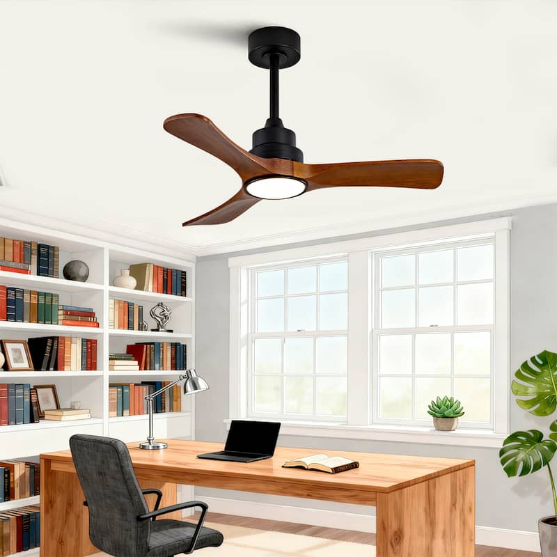 36-Inch Ceiling Fan Light with 6-Speed Remote Control, Black Three-Blade, Reversible Wooden Fan Blades, DC Motor