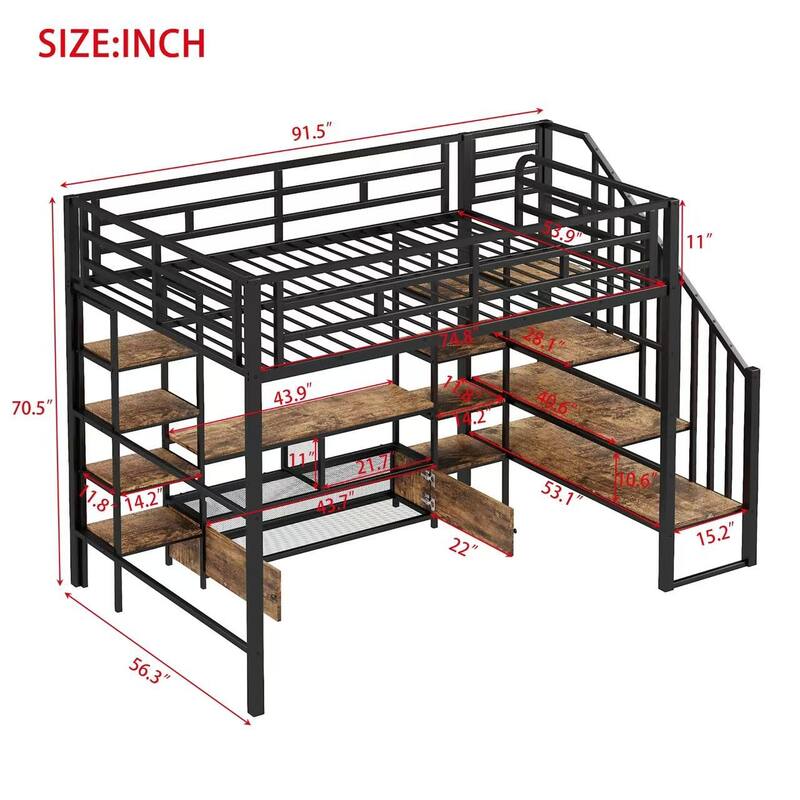 Full Size Metal Loft Bed with Staircase Low Storage Table and Shelves