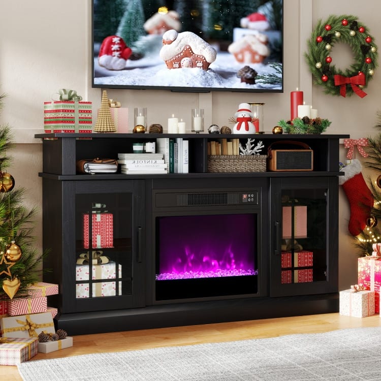 MDF Fireplace TV Stand with RGB LED, Remote and Storage - 48" L x 16" W x 29" H