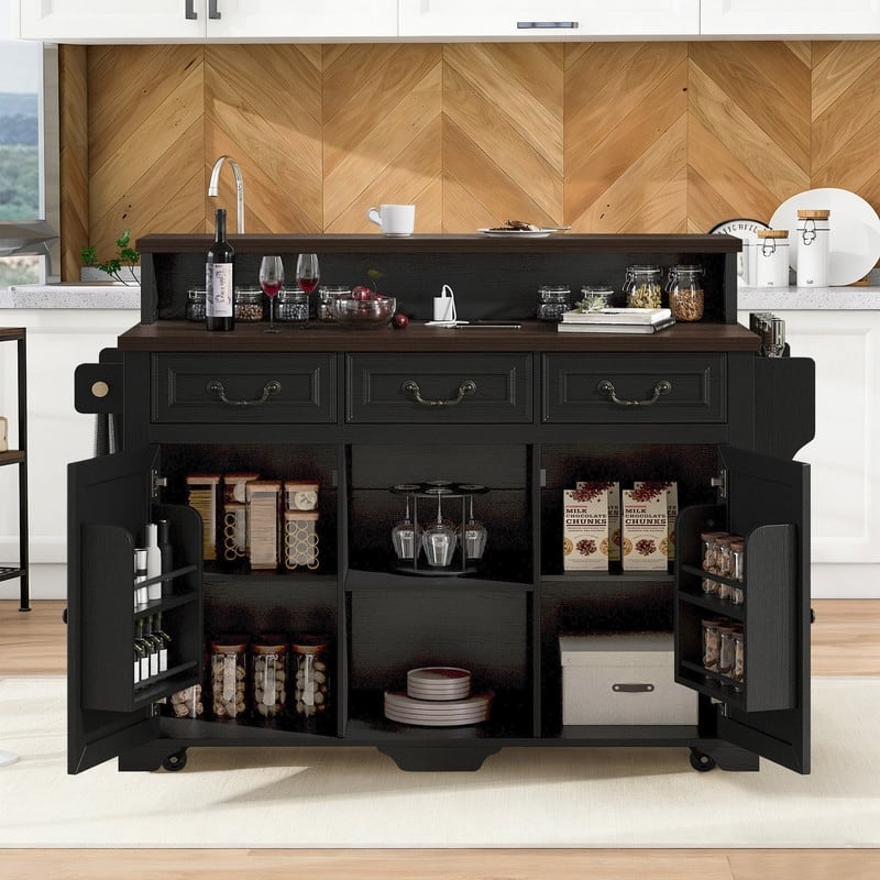 Farmhouse 53.2" Kitchen Island with Power Outlet, Rolling Island Table, Bar Cabinet with Storage 4 Door Shelves and 3 Drawers - Black
