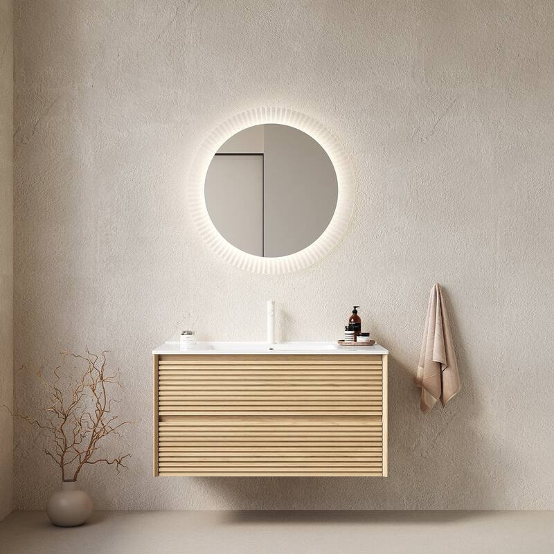 Wall-Mounted Bathroom Vanity Set with Integrated Ceramic Sink - 36" x 18" x 20" - Oak