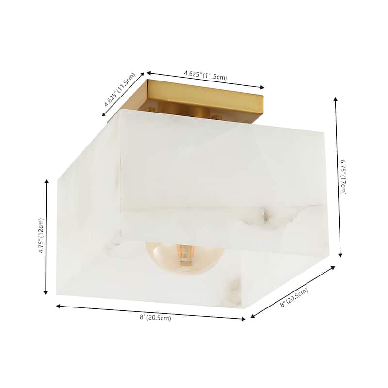 Tessa 8" 1-Light Modern Contemporary Alabaster/Iron Square LED Semi Flush Mount, White Marbling/Brass Gold by JONATHAN Y