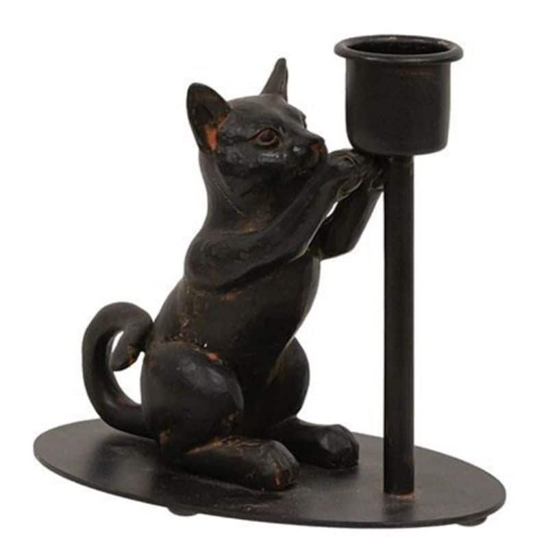 Black Iron Playful Cat Taper Candle Holder Decorative Figurine for Mantle Shelf or Tabletop Decor - 3”L x 5”W x 4.25”H