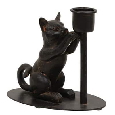 Black Iron Playful Cat Taper Candle Holder Decorative Figurine for Mantle Shelf or Tabletop Decor - 3”L x 5”W x 4.25”H
