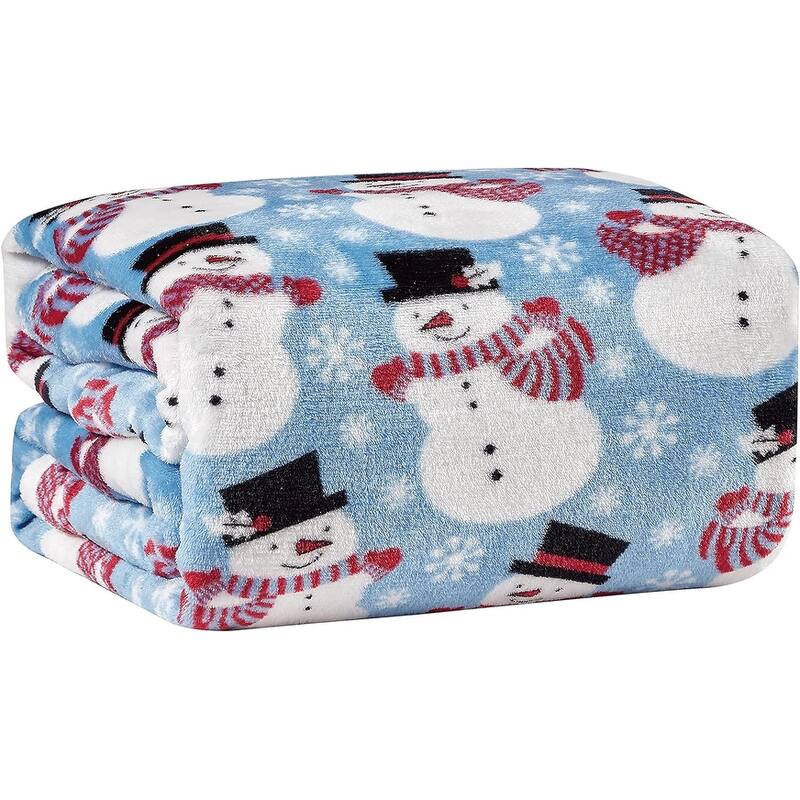 NobleHouse Happy Holidays Microplush Throw Blanket (50'' x 60'') - Blue Snowman
