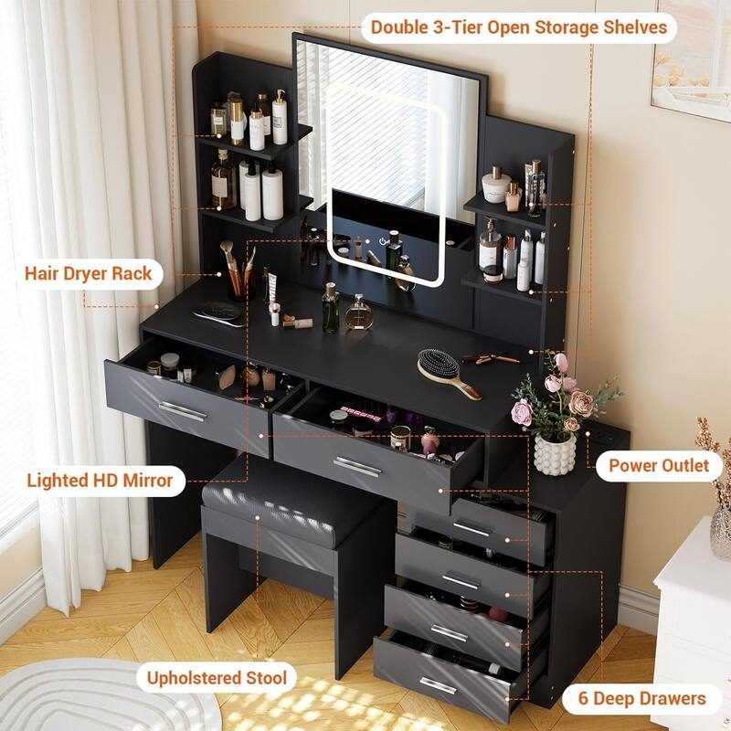 6 Drawers Makeup Vanity Desk, Dressing Table with Lighted Mirror