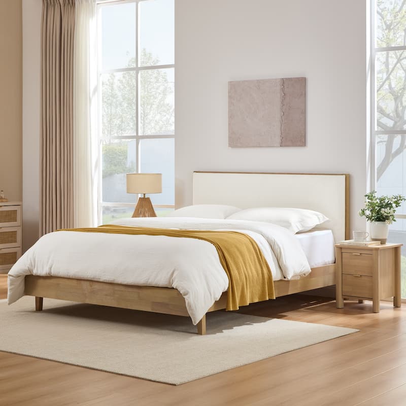 Spruce & Spring Modern Bouclé Platform Bed with Upholstered Headboard & Solid Wood Frame