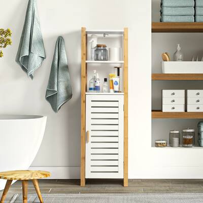 Single Door Floor Cabinet, Free Standing with Open Storage Shelves