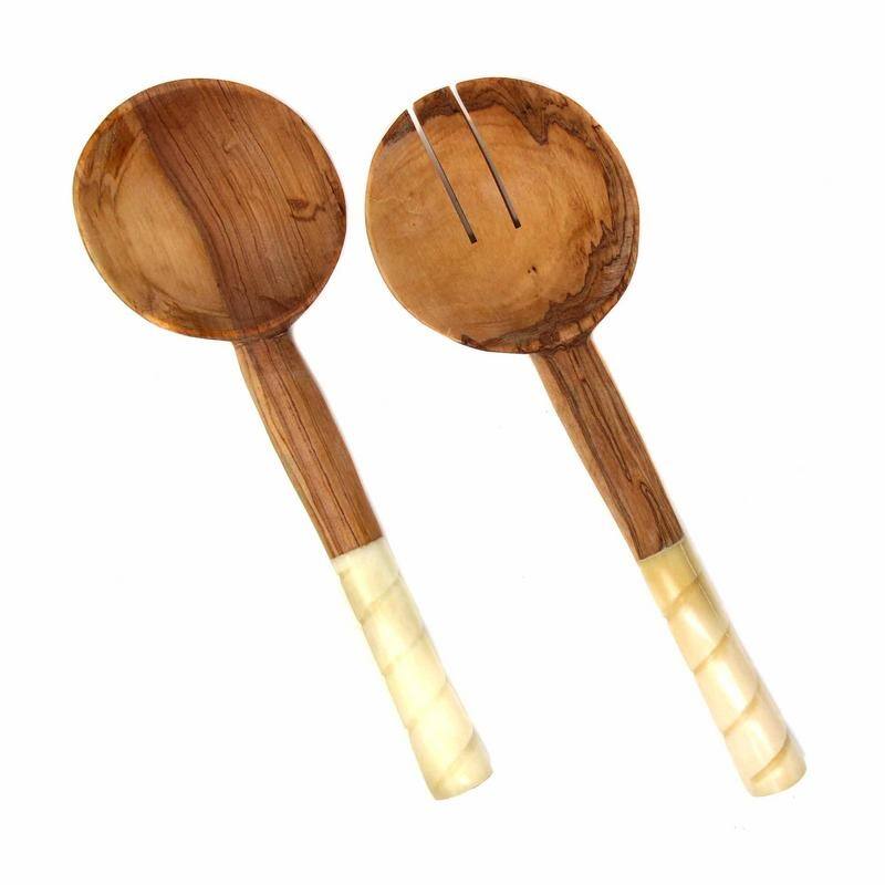 Handmade Olive Wood Serving Utensils with Natural Batik Bone Handles (Kenya)