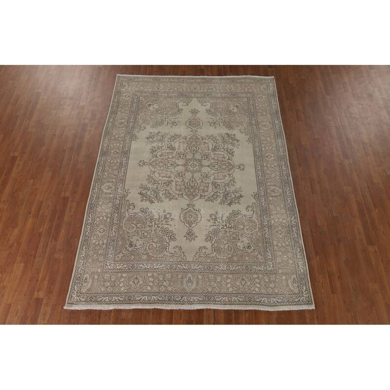Beige Distressed Tabriz Vintage Persian Rug Hand-Knotted Wool Carpet - 6'9" x 9'6"