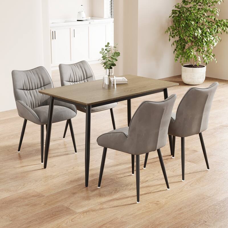 Stylish Dining Table Set for 4-6 People, 5-Piece Modern Wood Grain Table and Velvet Plush Chairs with Black Metal Legs