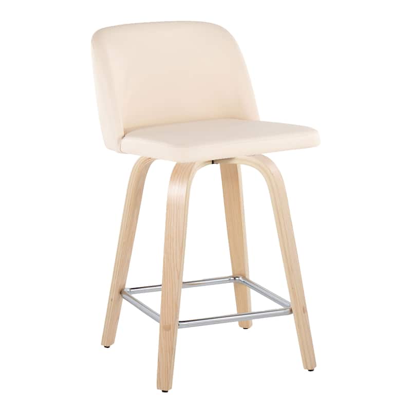 Carson Carrington Vallberga 24" Counter Stool with Natural Wood Base (Set of 2) - Cream Faux Leather/Square Chrome Footrest