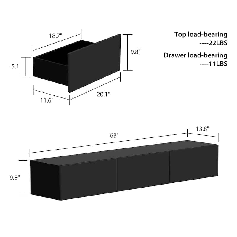 63" Floating Entertainment Center, Wall Mount LED TV Stand High Gloss