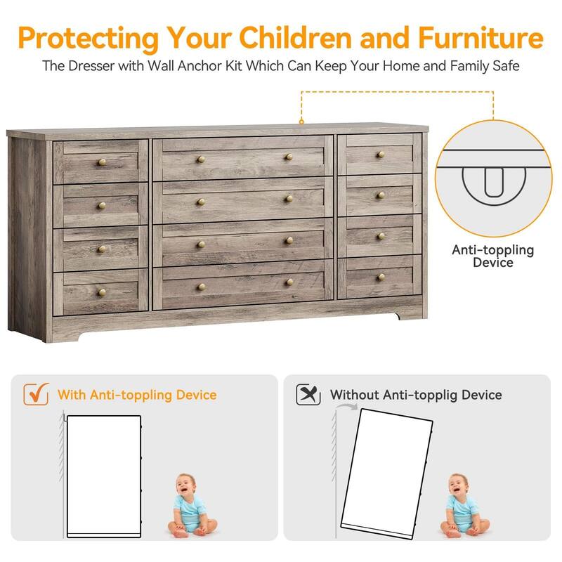 Dresser for Bedroom,Withe Long Wood Dresser with 12 Drawers,Storage Chest of Drawers with Plug-in Charging Hub