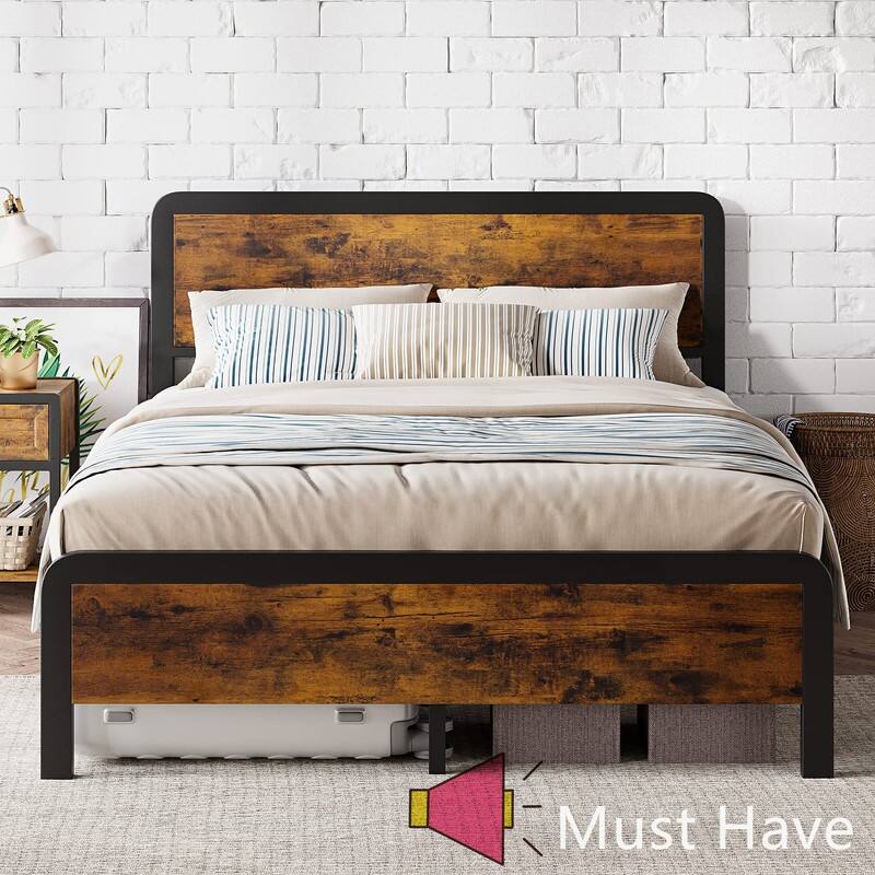 Metal Platform Bed with Wood Headboard and Footboard - Queen - Brown