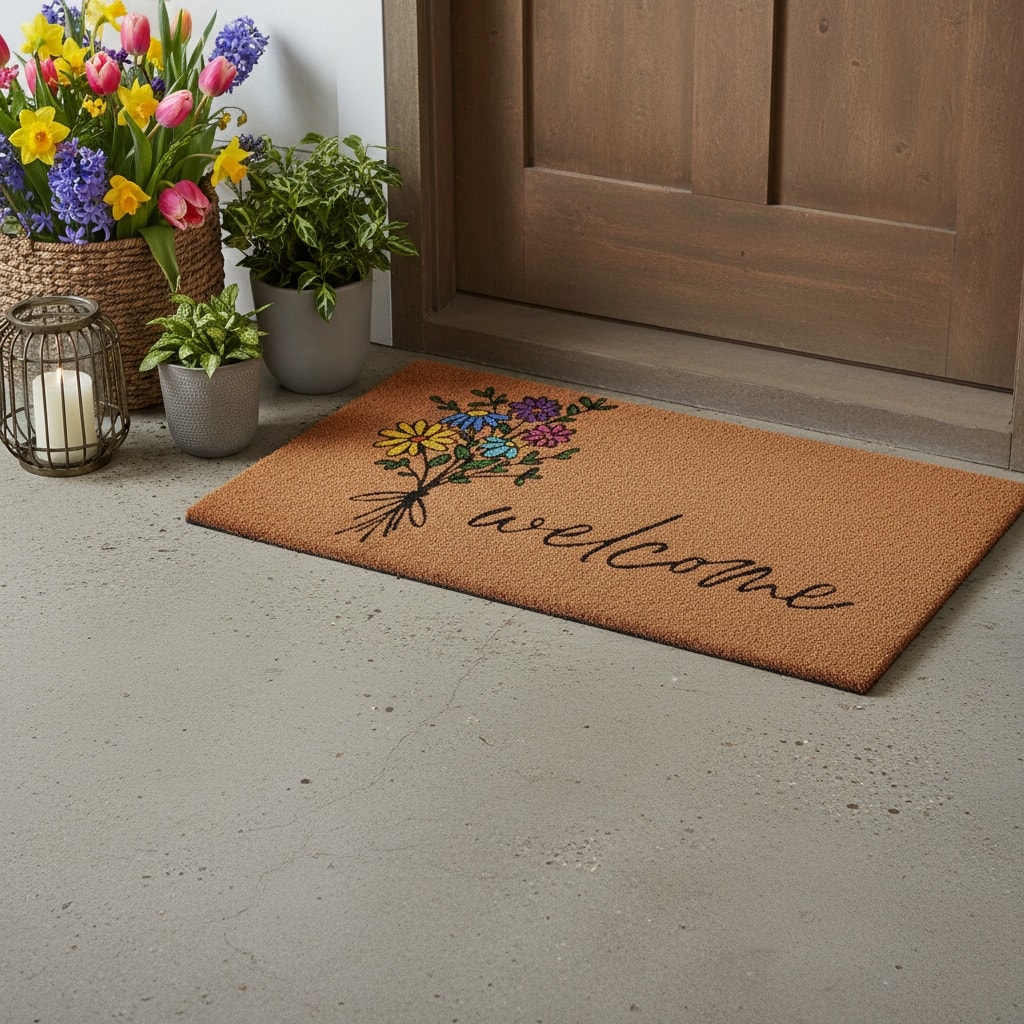 HomeRoots 17" X 29" Brown Black And Green Floral Bouquet Welcome Outdoor Coir Door Mat - 17.00' X '29.00