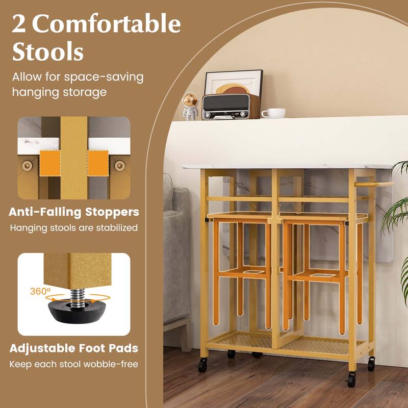 Costway 3 PCS Rolling Dining Table Set Extendable Kitchen Table 2