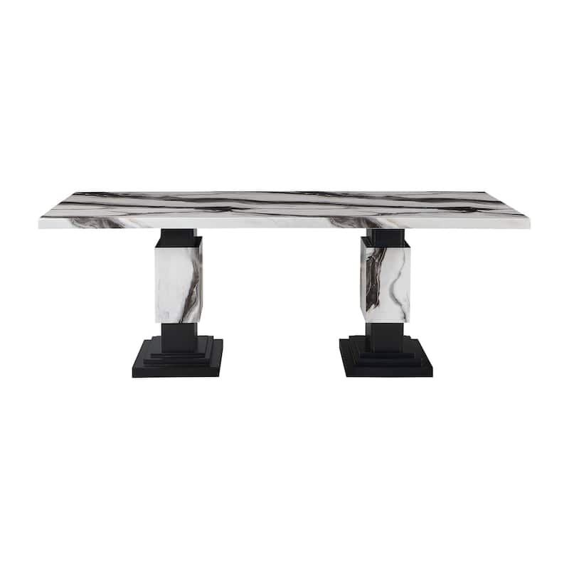 HomeRoots 82" Black and White Faux Marble and Wood Double Pedestal Base Dining Table - 82 in. x 30 in. x 40 in.