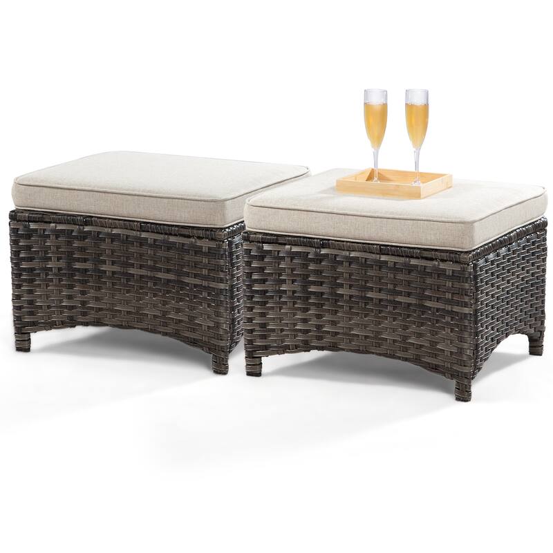 Cozywor 2-Piece Wicker Outdoor Patio Ottoman Set with Cushions
