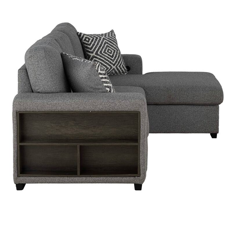 Furniture of America Oswin Modern Grey Pull-Out Sleeper Sofa Sectional with Storage Shelves and USB Ports