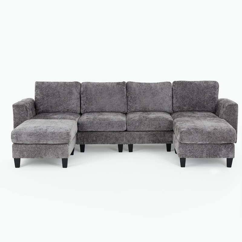 118" U-Shaped Modular Sectional with Storage Ottomans & Drop-Leaf Table - 4-Seat Plush Fabric Sofa for Large Living Rooms - Grey