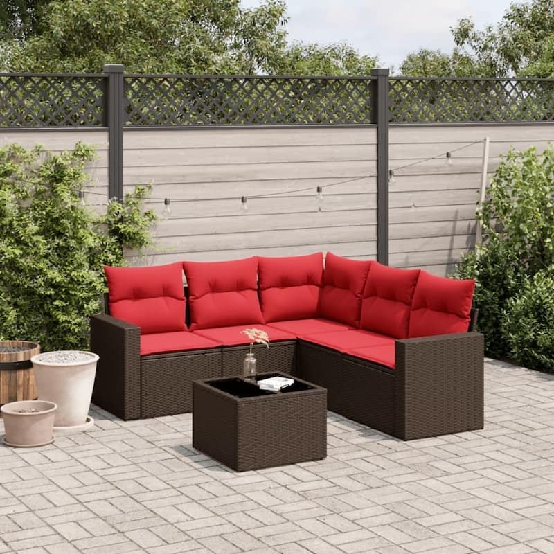 vidaXL Patio Sofa Set with Cushions Outdoor Conversation Furniture Poly Rattan - 25.8" x 24.4" x 27.2" - Brown and red with table