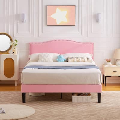 VECELO, Upholstered Platform Bed Frame with Adjustable Headboard, Twin/Full/Queen Size Beds, Pink
