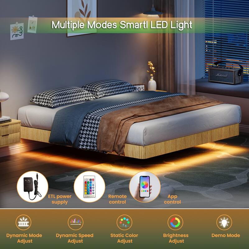 Smart LED Floating Bed without Headboard, Wave Curve Wood Texture Bed Frame, Heavy Duty Metal Slat Support