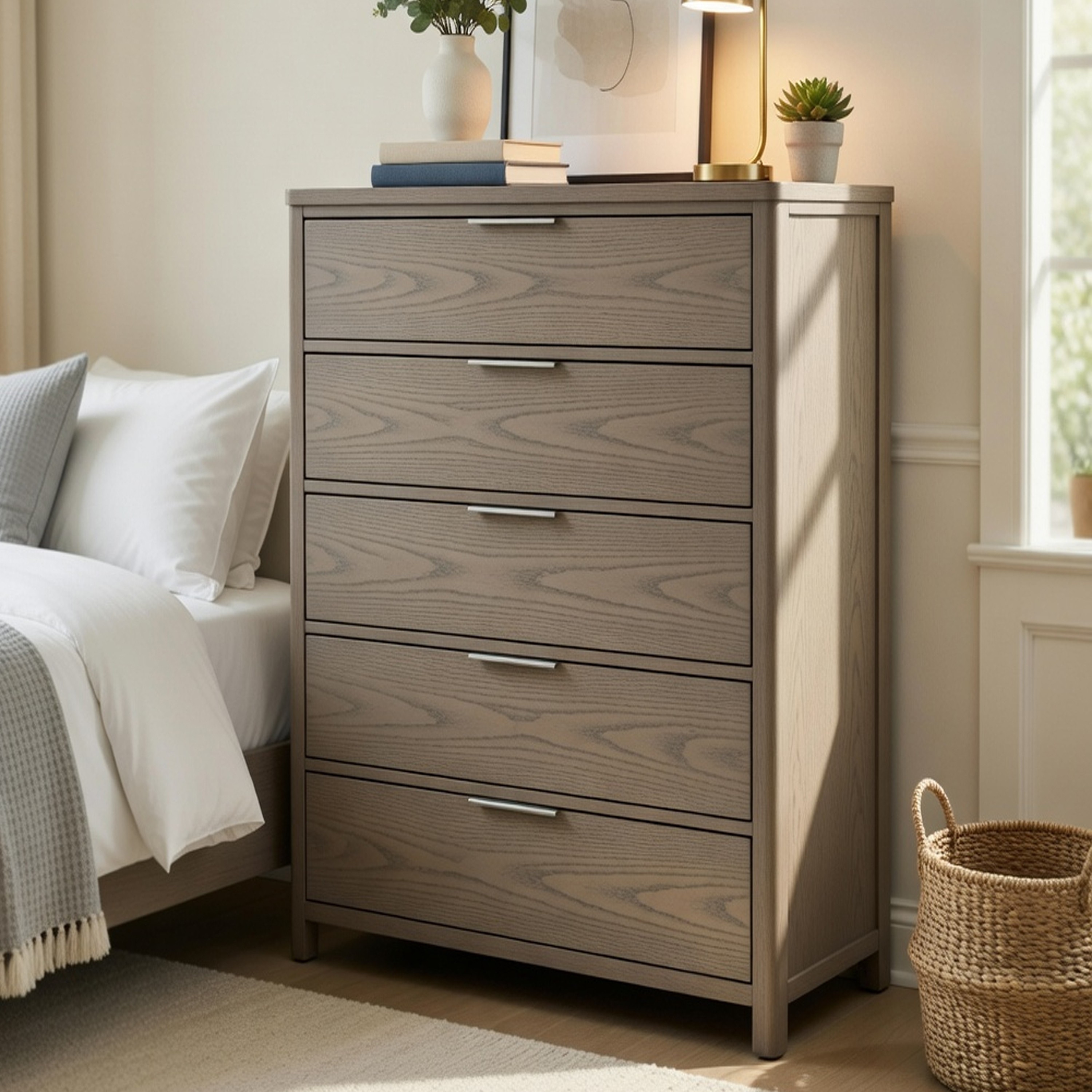 Benjara Delv Tall Dresser Chest, 5 Drawers, Chrome Edge Pulls, Light Gray Oak