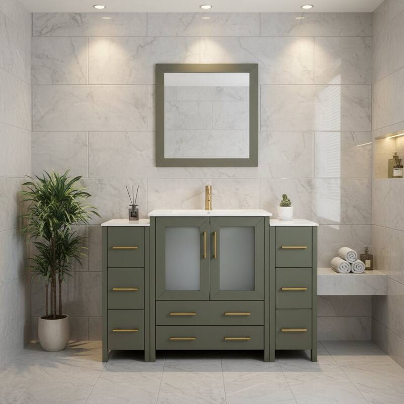 Vanity Art 54 Inch Single Sink Bathroom Vanity Set 8 Dove-Tailed Drawers 3 Cabinets 1 Shelf, Soft-Closing Doors with Free Mirror - Vintage Green