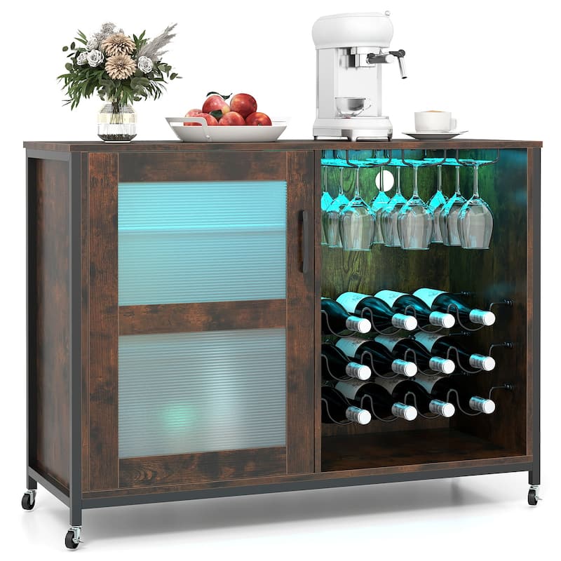 Gymax Wine Bar Cabinet w/ Wheels LED Lights Storage Shelves Glass - Brown