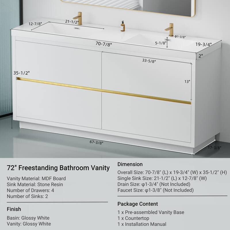 Freestanding Bathroom Vanity with White Stone Resin Top