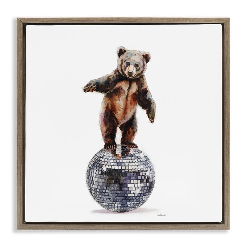 Stupell Bear Balancing on Disco Ball Framed Floater Canvas Wall Art Design By Amanda Greenwood - 18 x 18 - Brown
